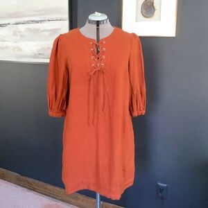 Linen Rust Boho Peasant Shift Dress with Pockets Size Medium Who What Wear